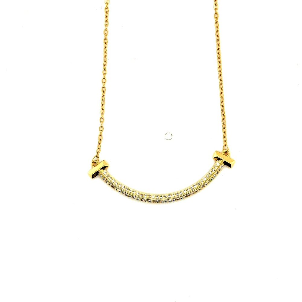 Gold Tone Smile Bar Pendant Necklace Pave Crystal Curved‎ Bar 17-19 Inch